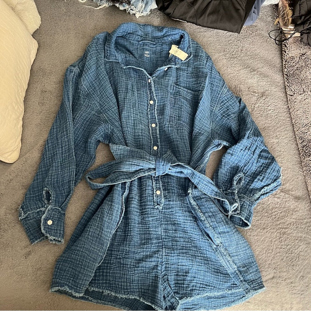 Aerie Denim Blue Button-Up Romper with Belt